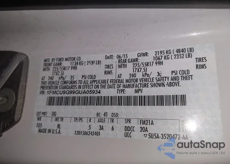 2016 Ford Escape Se из США, поврежденный, VIN 1FMCU9G99GUA05934